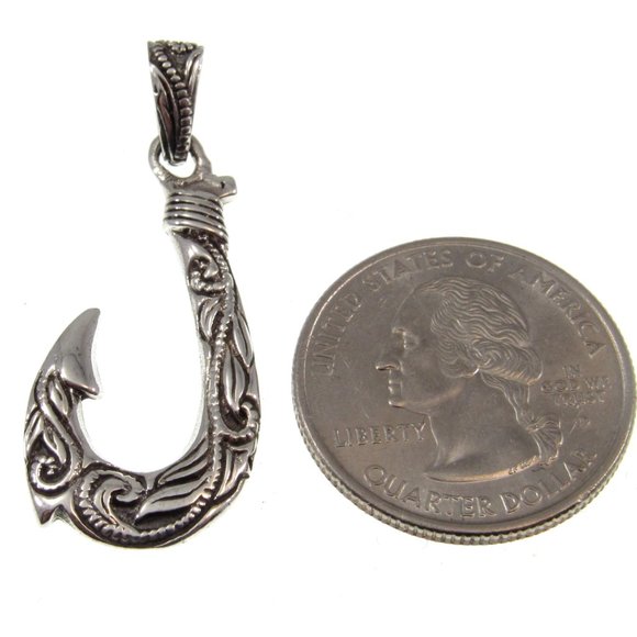 Solid 925 Sterling Silver Ornate Hawaiian Fish Hook Pendant - Fisherman Gift - Picture 6 of 9